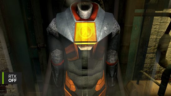 A screenshot from Half-Life 2, in which Gordon Freeman's iconic HEV suit is under the spotlight