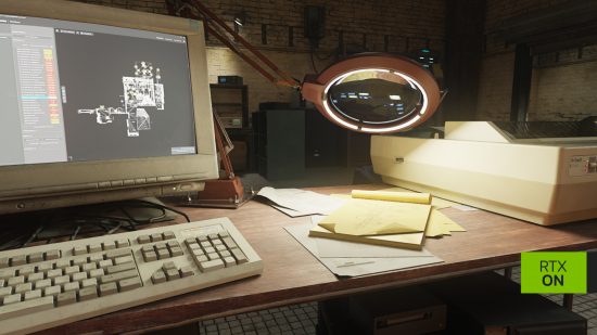 A screenshot from Half-Life 2 RTX, spotlighting a computer (left) and magnifying glass (right)