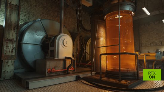 A screenshot from Half-Life 2 RTX, in which a generator (left) and vat of liquid (right) are showcased