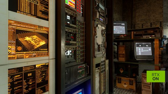 A screenshot from Half-Life 2 RTX, featuring a server rack
