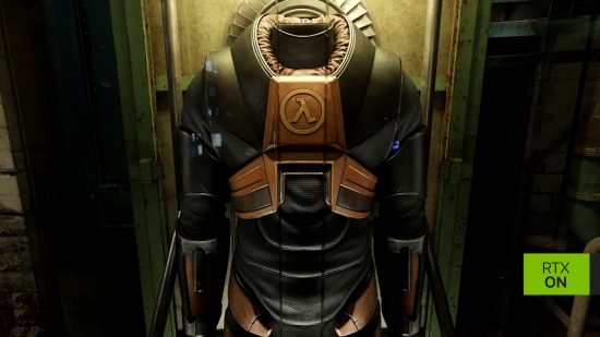 A screenshot from Half-Life 2 RTX, in which Gordon Freeman's iconic HEV suit is under the spotlight