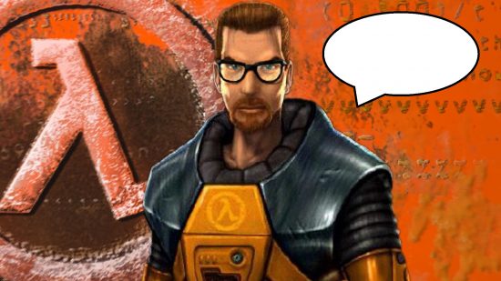 Half-Life Gordon Freeman voice: A scientist in glasses, Gordon Freeman from Valve FPS game Half-Life, next to a speech bubble
