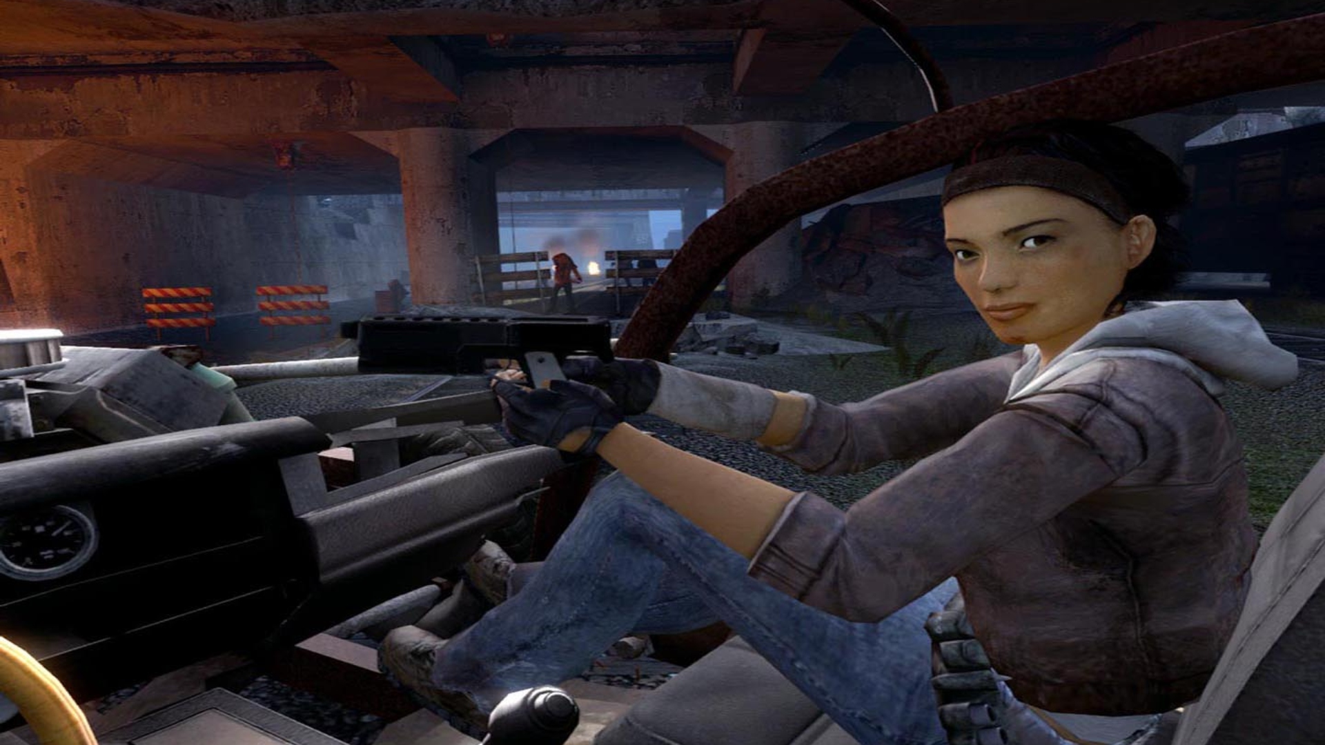 Halflife roman: een jonge vrouw, Alyx Vance, zit in de passagiersstoel van een auto in Valve FPS Game Half-Life 2