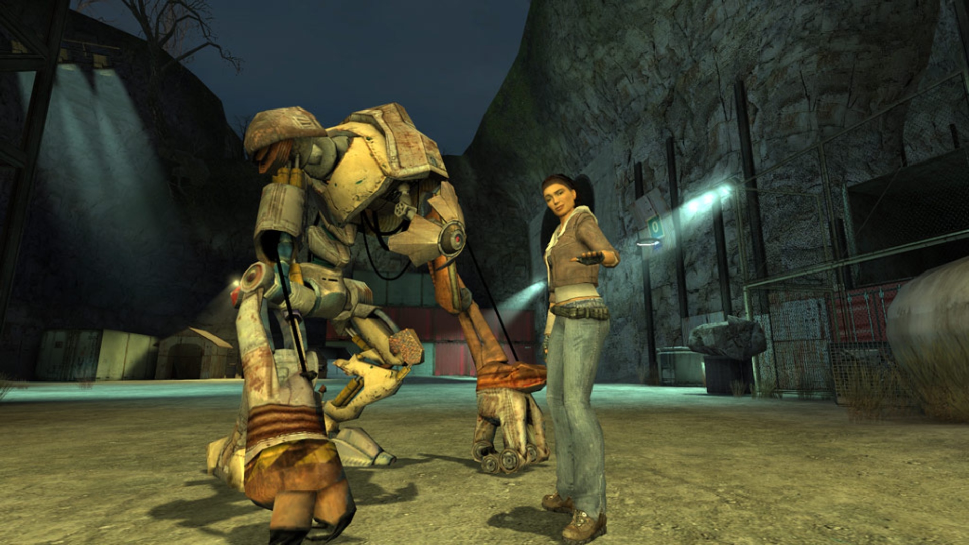 Роман на Half-Life: Млада жена, Alyx Vance, стои заедно с гигантски робот в Valve FPS Game Half-Life 2