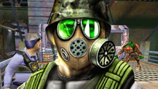 Half-Life Opposing Force Steam: A soldier in a gas mask stands in the Black Mesa lab from Valve FPS game Half-Life Opposing Force
