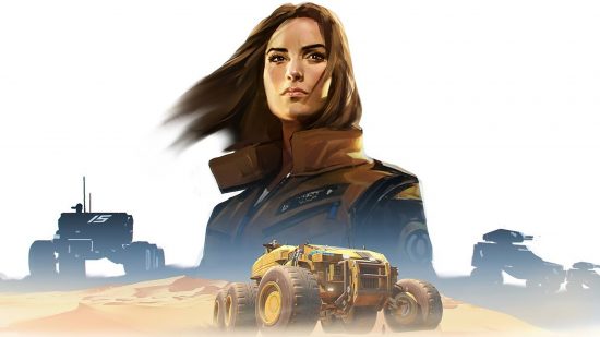 Homeworld: Deserts of Kharak. A woman looks out over the desert, with several vehicles around her.