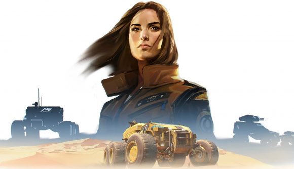 Homeworld: Deserts of Kharak. A woman looks out over the desert, with several vehicles around her.
