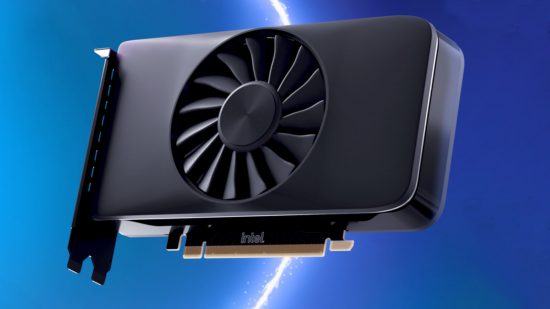 Intel Arc Battlemage: A graphics card floats against a two-tone blue background
