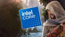 An image of the Intel core logo on top of the Assassin's Creed Mirage box art.