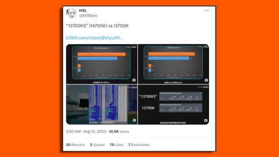 Intel Core i7 14700K benchmark leak: a Tweet showing CPU benchmarking figures appears in a white box against an orange background.