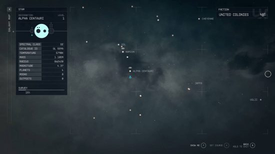 Is Earth in Starfield? A screenshot zooming out in the galaxy map, showing the Sol system next to Narion and Alpha Centauri.