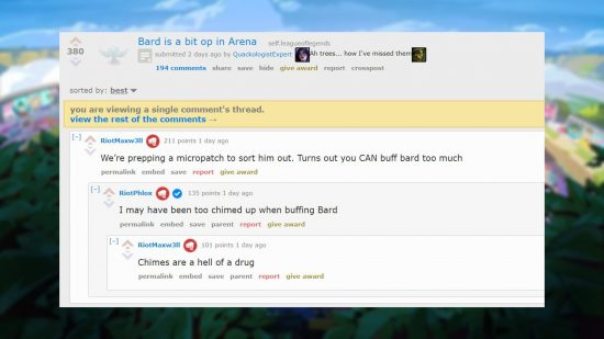 A conversation between Riot developers about the state of Bard in LoL Arena mode
