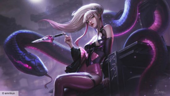 A woman with silver hair in a ponytail blowing in the wind waring a black outfit holding a crystalline pink knife sits on a box marked KDA