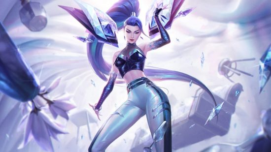 No, you can't get those League of Legends KDA Code Pink skins: A young Asian woman wearing trendy, tighr-fitting gear with diamond spines coming out of her back stands on a white background as her purple hair swishes in the breeze