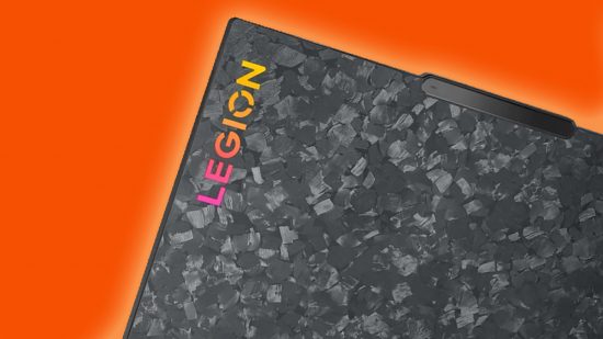 Image of the Lenovo Legion 9i gaming laptop on an orange background.