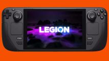 An image of a Lenovo Legion logo and wallpaper on the screen of a Steam Deck.