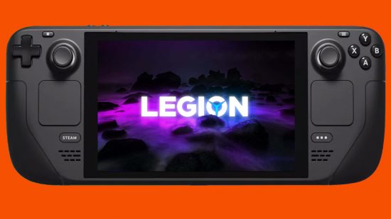 An image of a Lenovo Legion logo and wallpaper on the screen of a Steam Deck.