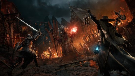 Lords of the Fallen preview: The Dark Crusader and an ally advance upon an armored mage, sword drawn and lamp held aloft.