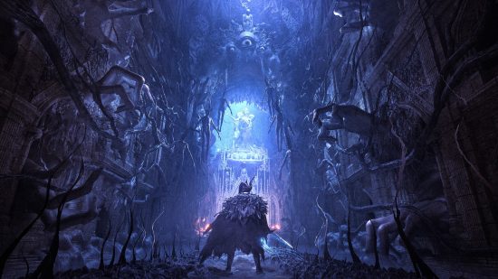 Lords of the Fallen preview: The Dark Crusader advances through a corridor in the Umbral realm, a twisted version of Axiom characterized by disembodied eyeballs and grasping hands cast in a blue filter.