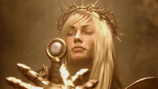 Lords of the Fallen release date: A women in plate armor and wearing a crown of thorns swears and oath, her sword held before her in supplication.