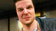 Max Payne Steam sale: A cop in a leather jacket, Max Payne, leaps through the air