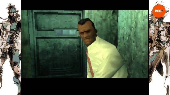 Metal Gear Solid: the DARPA chief in his jail cell wearing a cream shirt and salmon tie.