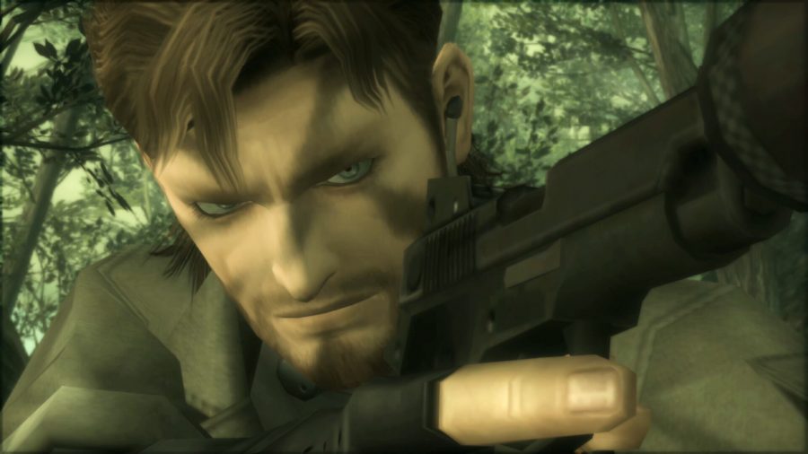 Metal Gear Solid: Snake is pointing a gun at an enemy in the jungle.