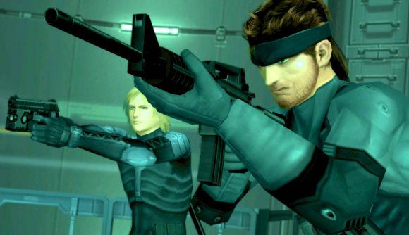 Metal Gear Solid: Snake and Raiden are pointing their weapons inside a base at an offscreen enemy.