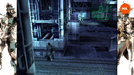 Metal Gear Solid: Snake is sneaking around a base with a guard and a camera in the distance.