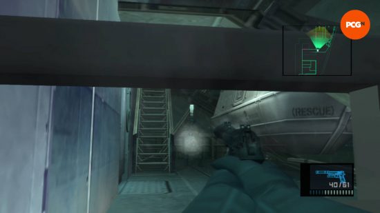 Metal Gear Solid: First person view of Snake shooting a guard with a tranq gun. Guard is aware of his presence.