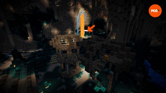 In-game screenshot taken from inside an Ancient City, with an arrow pointing through a gap, indicating where a second Ancient City is located in this amazing Minecraft 1.20 seed.