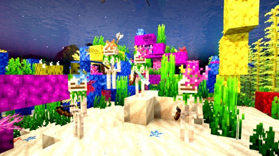 A collection of retextured skeletons gather underwater in one of the best Minecraft texture packs, Better Vanilla Building. 