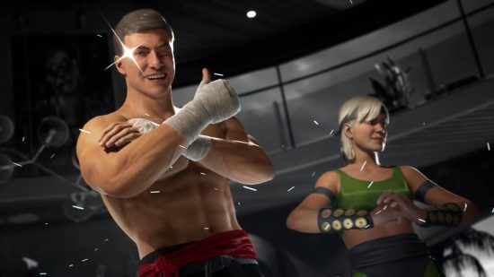 Johnny Cage, using Jean Claude Van Damme skin, putting his thumbs up as he ranks high on the MK1 tier list. Sonya is ready to fight.