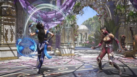 MK1 tier list: Kitana is throwing her fan in an arch, winding up its power before it strikes a stunned Mileena.