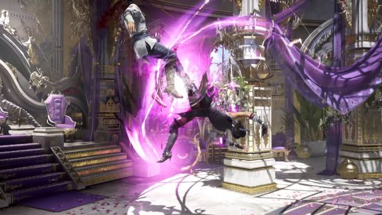 MK1 tier list: Li Mei is using her light powers to augment her aerial kick against Raiden. They are fighting inside the Outworld throne room.