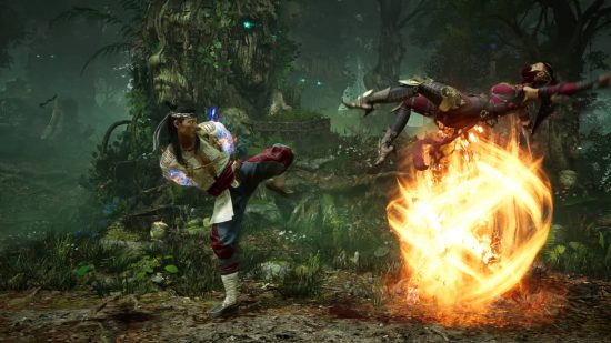 MK1 tier list: Liu Kang is kicking Mileena with fire with his hands behind his back. Trees with faces populate the background.