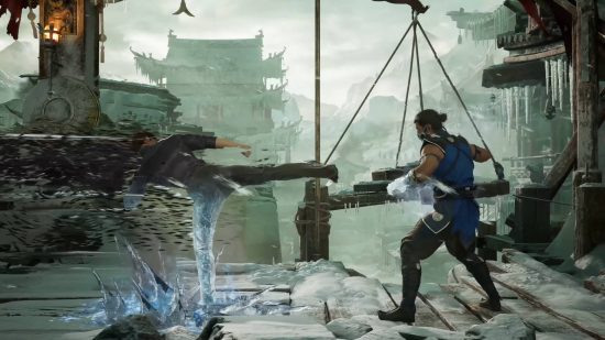 MK1 tier list: Johnny Cage is frozen on the spot in the middle of his sliding kick, thanks to Sub-Zero freezing the ground. They're fighting on the walls of the Lin Kuei HQ.