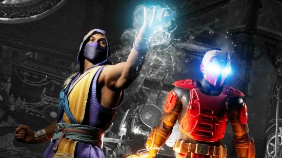 Mortal Kombat's Scorpion, hand in the air, standing next to cyber ninja Sektor.