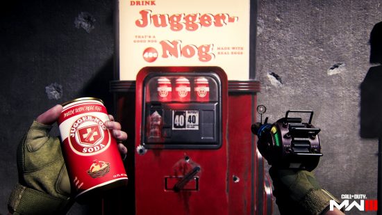 A player takes a Jugger-Nog out of a Perk-a-Cola machine in Modern Warfare 3 Zombies.