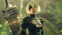 A white-haired girl with a black mask over her face wearing a tight black dress with an ornate cutout stands in a grassy forest area with a huge sword with chains around it on her back