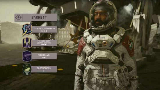 A promotional screenshot showing the Starfield skills the NPC Barrett comes with.