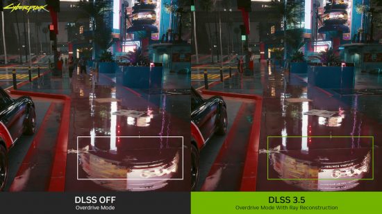 Nvidia DLSS 3.5: A comparison between two images of Cyberpunk 2077, with DLSS off (left) and DLSS 3.5 on (right)