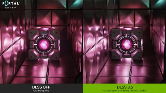 Nvidia DLSS 3.5: A comparison between two images of Portal with RTX, with DLSS off (left) and DLSS 3.5 on (right)