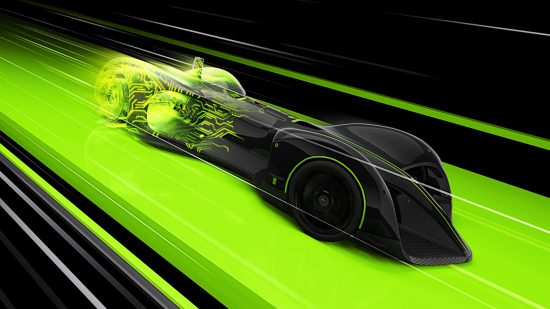 Nvidia DLSS 3.5: Key art for Deep Learning Super Sampling, featuring a futuristic looking car on a green road