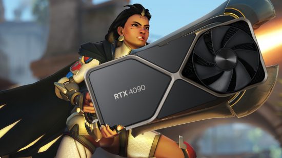An Overwatch 2 hero, wielding an Nvidia GeForce RTX 4090 graphics card