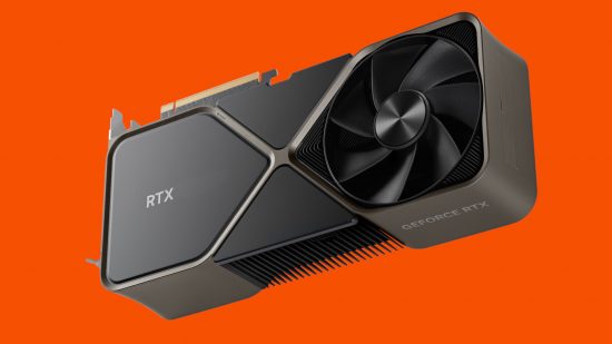 Nvidia GeForce RTX 5000: A Founders Edition graphics card floating against an orange background