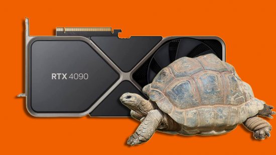 NVIDIA GeForce RTX 4000 Halt Production: An RTX 4090 vises ved siden av en skilpadde mot en oransje bakgrunn