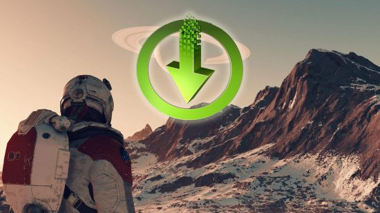 The Nvidia Game Ready Driver icon in the sky of a Starfield screenshot.