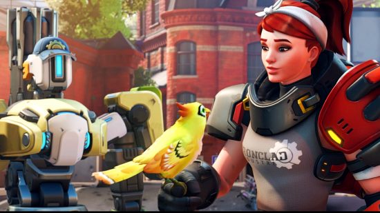 Overwatch 2 Invasion story missions - Bastion looks on as his bird Ganymede perches on Brigitte's hand.