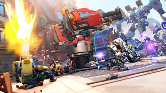 Overwatch 2 Invasion story missions - several heroes fight to defend a giant cannon on the streets of Gothenburg.